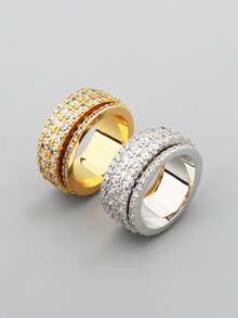 falinne 1pc S925 Sterling Silver Cubic Zirconia Rotatable Wide Band Ring, Luxurious Hiphop Style Pave Diamond Finger Ring, Suitable As Gift For Girlfriend - Wide Rotating Ring - View 5