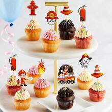 Firefighter Cupcake Toppers, Red Glitter Fire Department Cake Decor, Firefighter Cupcake Wrappers Suitable For Firefighter Themed Baby Shower, Birthday Party Cake Decorations - Multicolor - View 4