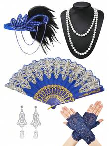 5Pcs D EXCEED 20s-50s Tea Party Ball Costume Accessories Set, Flapper Headband, Vintage Earrings, Faux Pearl Necklace, Hand Fan, Lace Gloves - For Opera,1920s Party Tea Party Cosplay Weddings Church Stage Performance Decorations Friendship Gifts - Multicolor - View 4
