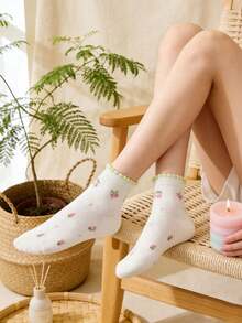 1/5 Pairs Women Ruffle Trim Cherry Ditsy Floral Solid Color Low Cut Socks - Sweet & Cute, Comfortable & Soft, Casual For Daily Wear, Party, Travel, Home, Business, College Style