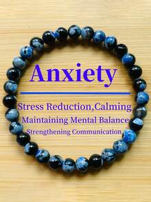 6毫米蓝色玛瑙串珠手链 - 手工制作的弹性手链，镶嵌天然青金石，男女皆宜，完美礼物 | 缓解焦虑 | 舒缓情绪 | 保持心理平衡 | 促进沟通 - 藍色 - 查看 4