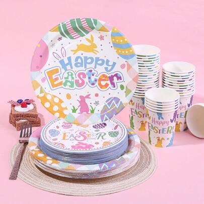 10pcs/20pcs/30pcs/60pcs, Easter Day Tableware Set Colorful Happy Easter Bunny Egg Party Supplies Including Disposable 7inch And 9inch Paper Plates Cups Napkins Cutlery For Spring Holiday Party Decoration