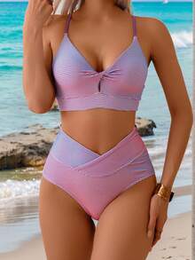Summer Spring Swimwear Cross Strap Gradient Color 2-Piece Bikini Knot V-Neck Swimsuit Suitable For Beach Pool Women's Swimwear And Clothing High Waist Back Adjustable Shoulder Strap Women's Bikini Set Beachwear - Red Violet - View 4