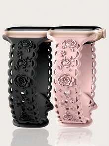 2件裝纖細蕾絲花卉雕刻錶帶，相容 49mm 46mm 45mm 44mm 42mm 41mm 40mm 38mm，波希米亞風可愛壓紋玫瑰矽膠錶帶，適用 Ultra 11 10 9 8 7 6 5 4 3 2 1 SE，男女通用，返校季 - 黑色和粉紅色 - 查看 14