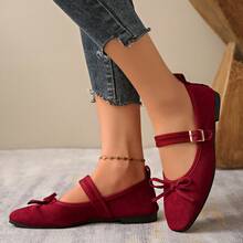 2025 Square Toe Plus Size Ballet Shoes For Women, Mary Jane Soft Bottom Fashion One-Strap Loafers, Suede Super Versatile Comfortable Buckle Shoes - Wine Red Bow - View 7