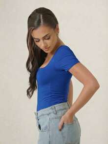 Women's Short-Sleeve Bodysuit With Square Neckline, Super Versatile, Shaping, Blogger Style - Xanh đậm - Xem 4