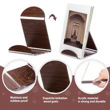 6 soportes de exhibición vertical de acrílico de 4.1 x 3.2 x 3 pulgadas soporte vertical de grano de madera soporte de caballete base de fotos soporte de revistas para boda cocina - Marrn oscuro - Ver 3