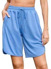 Quenteen Women's Sweat Shorts Bermuda Long Shorts Athletic Casual Loose Cotton Shorts (Available In Plus Size)A Valentine's Day 46QM - 9吋藍色 - 查看 1