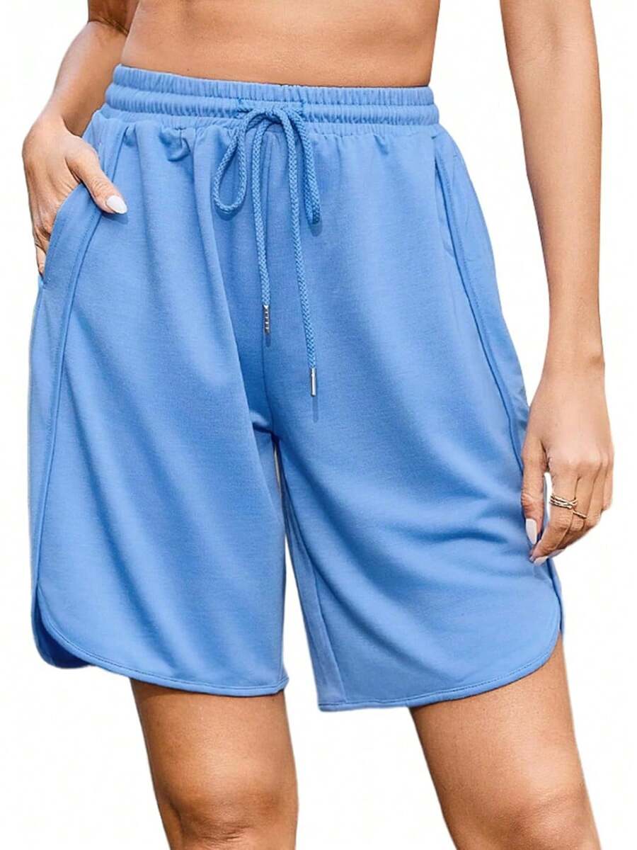 Quenteen Women's Sweat Shorts Bermuda Long Shorts Athletic Casual Loose Cotton Shorts (Available In Plus Size)A Valentine's Day 46QM - 9吋藍色 - 查看 1