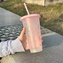 1pc/5pcs Set, Large Capacity Reusable 700ml Plastic Cup With Lid And Straw, Bow Pattern, Summer Juice Cup, Suitable For Parties, Weddings, Events And Holidays, Great For Gift-Giving - Multicolor - View 5