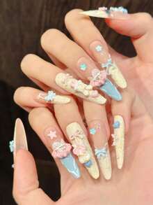 10片手工仿美甲贴纸，适合派对和日常佩戴，“棉花糖岛”3D小熊和兔子造型，尖头设计，易于佩戴。10片Y2K风格手工美甲贴纸，适合女士节日派对和日常佩戴。美甲用品 - 杏色 - 查看 4