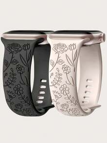 2件裝花卉雕刻錶帶，相容 49mm 46mm 45mm 44mm 42mm 41mm 40mm 38mm，波希米亞風可愛玫瑰矽膠錶帶，適用 Series Ultra 11 10 9 8 7 6 5 4 3 2 1 SE，男女通用，返校季 - 黑色和星光白 - 查看 13