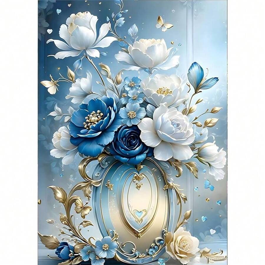 GDYEEH DIY 5D White And Blue Flowers Diamond Art Painting Kits, Full Round Drill Sparkling Diamond Painting Picture, Diamond Painting Art Craft Kits For Adults Beginners, Home Wall Decor 12x16inch - USGD084 - 查看 1