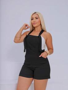 Women's MARIA Jumpsuit In Premium Linen Fabric With Pockets And Side Zipper - 黑色 - 查看 2