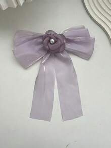 1件女士白色超长丝带、网纱、蝴蝶结、珍珠、流苏发夹，背面装饰甜美可爱，优雅高端时尚发饰，适合日常佩戴，可爱情人节礼物，发夹、蝴蝶结、发饰、头饰 - 白色 - 查看 9