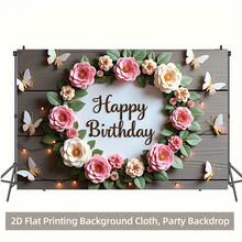 1 pièce Bannière plate 2D Joyeux anniversaire Toile de fond florale ronde, Accessoire de photographie polyvalent en polyester, Convient pour le salon, le bureau, la décoration de la maison/extérieure/de fête, cadeau de vacances - 1 pièce - Voir 5