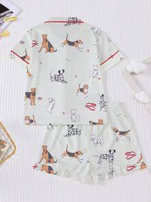 2件套可爱斑点狗印花少女短袖短裤睡衣套装，儿童卡通睡衣，新款阻燃翻领短袖上衣，宽松弹力腰短裤，柔软舒适家居服，适合室内外穿着，少女及青少年狗狗印花短袖睡衣套装