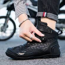 男士休閒機車靴，適合戰鬥，時尚機車鞋，騎行鞋，附旋轉扣，PU鞋面機車鞋 - 黑色 - 查看 3