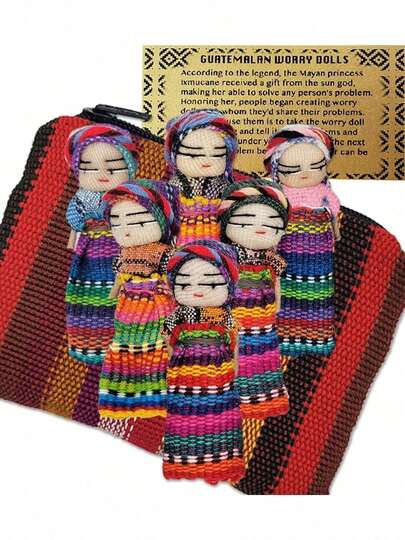 EstiloEstilo6 Muñecas de Preocupación Lindas + 1 Bolsa de Tela de Guatemala Gratis - Muñecas de Preocupación de Guatemala Hechas a Mano - Conjunto - Guatemalteco - Guatemaleno Versión Mejorada Versión Mejorada