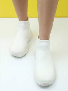 Women's All Black High-Top Cushioned Casual Sports Shoes, Knit Sock Shoes, Slip-On Dance Shoes - White - View 5