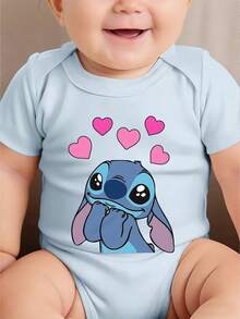Disney Baby Clothing, Newborn  - Unisex - Disney Stitch Creative Cartoon Print - Crawling And Toddling Stage Set - Summer Outdoor Casual Crewneck Crawling Coverall With Triangle Hem Design - Summer Essential Item - Fun-Filled - Adorably Cute - Perfect Holiday Gift For Infants And Toddlers - Baby Blue - View 1