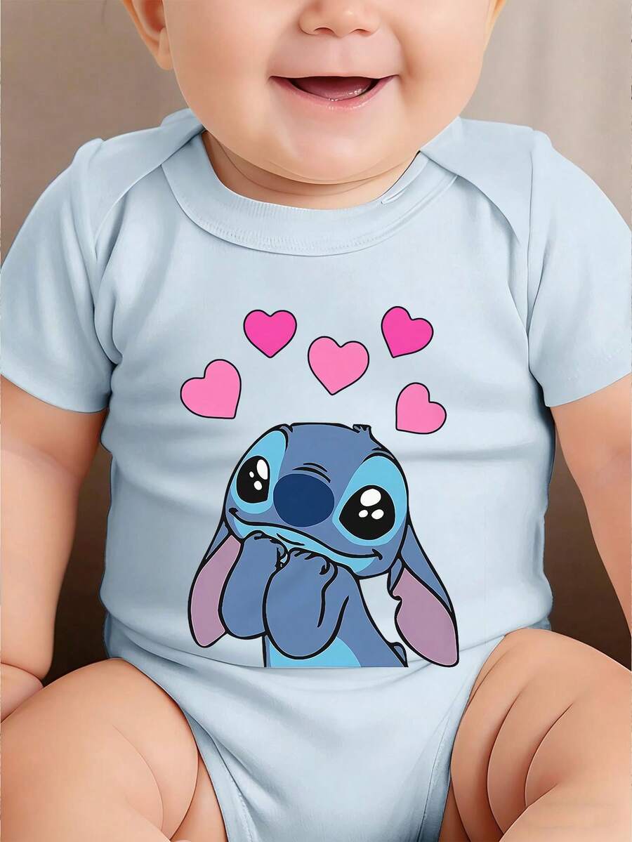 Disney Baby Clothing, Newborn - Unisex - Disney Stitch Creative Cartoon Print - Crawling And Toddling Stage Set - Summer Outdoor Casual Crewneck Crawling Coverall With Triangle Hem Design - Summer Essential Item - Fun-Filled - Adorably Cute - Perfect Holiday Gift For Infants And Toddlers - Baby Blue - View 1