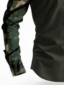 Men's Outdoor Hunting Style Deep Green Long Sleeve Shirt, Camouflage Sleeve Deer Head Print Patchwork Design, Suitable For Outdoor Hunting, Casual, Commuting, Gathering With Friends In Spring And Autumn - Dark Green - View 4