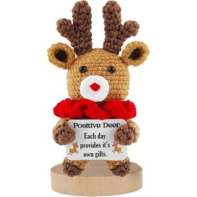 1pc Crocheted Reindeer With Positive Cards, Interesting Hand-Knitted Deer Doll Christmas Tree Party Holiday Home Office Decoration Gifts For Family, Friends And Colleagues.