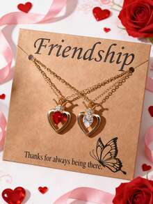 两件套时尚心形金属镶嵌水晶锆石钻石吊坠项链套装，男女皆宜，情人节、送给爱人、朋友的礼物 - 彩色 - 查看 15