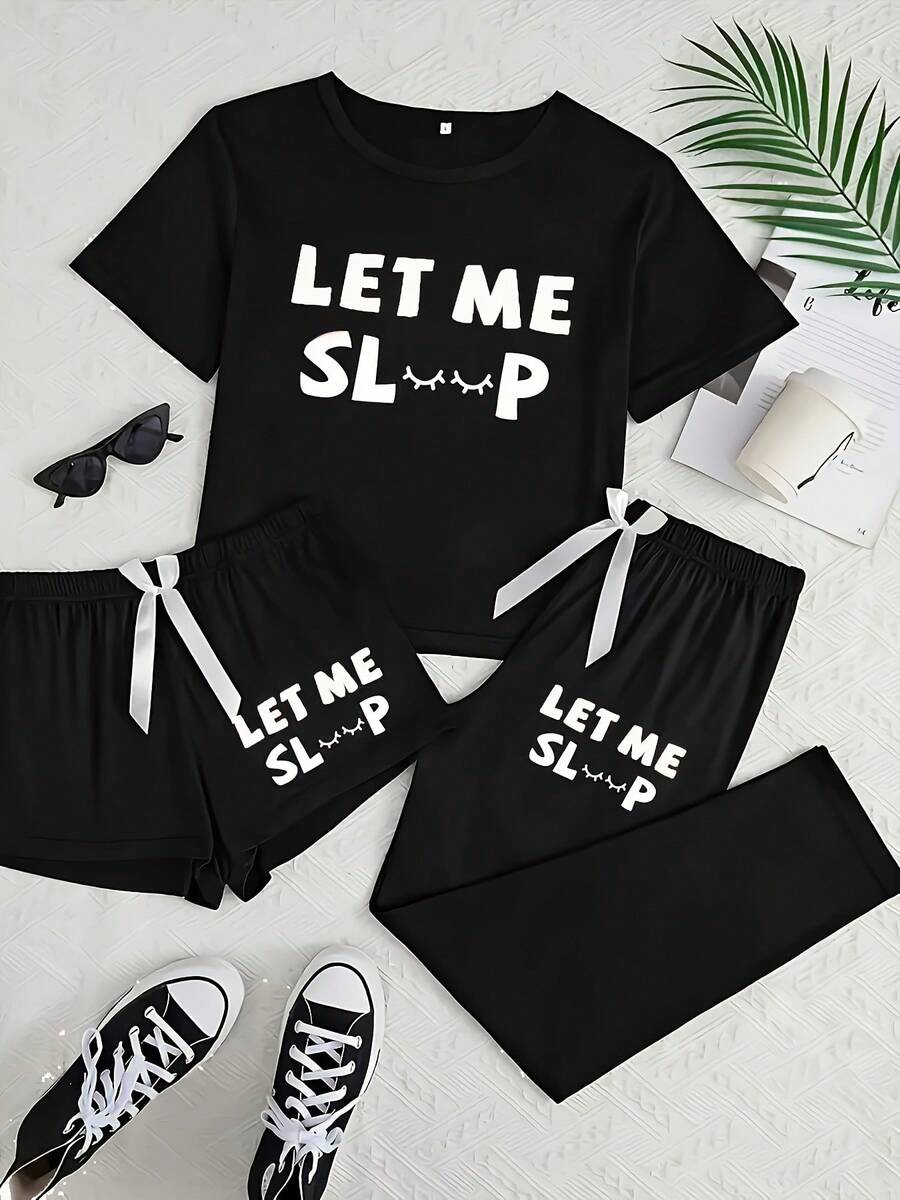 LET ME SLEEP Letter Print Sleepwear Women's Lightweight Breathable Three-Piece Set: Short Sleeve T-Shirt + Shorts + Pants Home Casual Sleepwear Set - 黑色 - 查看 1