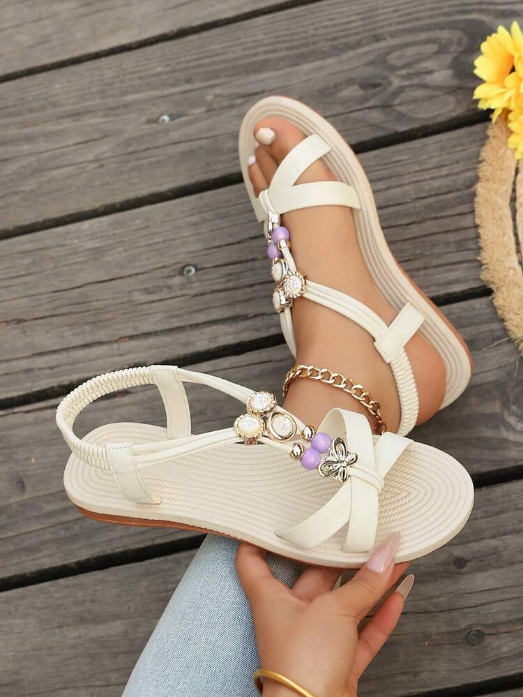 Sandal đế bằng nữ mùa hè mới, màu trơn, làm thủ công, đính hạt, phong cách Bohemian, thời trang, đa năng, thoải mái, thích hợp cho sử dụng hàng ngày. - Màu be - Xem 6