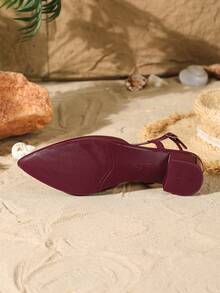 女士尖头粗跟凉鞋，休闲户外搭扣露趾高跟鞋，优雅酒红色正式高跟鞋 - 酒紅色 - 查看 6