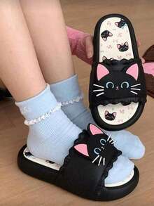 女士卡通黑猫拖鞋，甜美清爽风格，软底休闲拖鞋，室内外皆可穿着，尺码偏小 - 黑色 - 查看 2