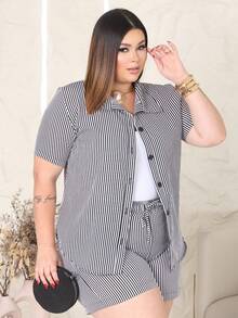 Women's Plus Size Short-Sleeved Shirt + Shorts Set - Beachwear - 黑與白 - 查看 3