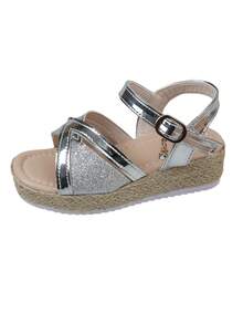 女童银色亮片玛丽珍凉鞋，草编坡跟，带扣带 - 銀色 - 查看 9