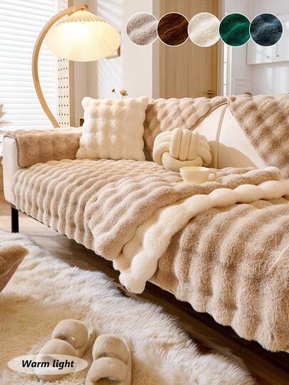 1pc Plush Rabbit Fur Sofa Cushion Cover, Thickened Sofa Protector, Non-Slip Sofa Slipcover, Suitable For Home, Living Room, Bedroom, Office, 4 Seasons