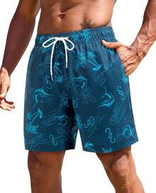 7inch Mens Swim Trunks: 2 In 1 With Compression Liner Stretch Quick Dry Drawstring Shark Pockets Beach Pool VacationA Valentine's Day 976M - Blue Tropics - View 7