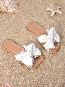 儿童时尚拖鞋，女童蝴蝶结装饰夏季中童及大童公主风平底休闲套脚拖鞋，防滑 - 白色 - 查看 3