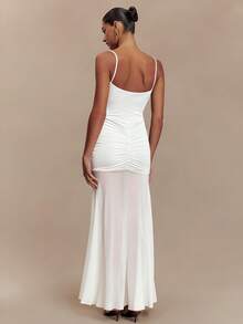 UNITHORSE Women's Spaghetti Strap Backless Dress With Pleated Hollow-Out Design, Mesh Patchwork Party Dress - White - View 3