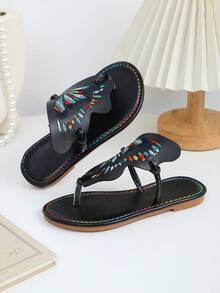 1双女童夏季时尚拖鞋，彩色蝴蝶翅膀设计，拼接工艺，百搭黑色，沙滩人字拖，适合日常穿着、沙滩派对