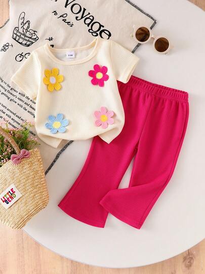 Conjunto de 2 piezas de blusa de manga corta con bordado floral colorido y pantalón casual de cintura elástica acampanado en estilo bohemio para niña bebé