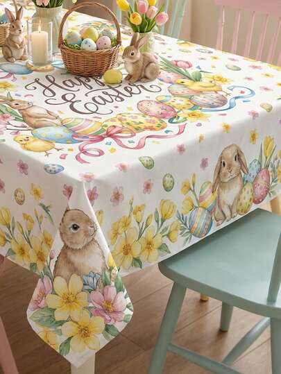 1pc Easter Bunny, Eggs, Chicks & Floral Print Tablecloth, Watercolor Style, Durable Fabric Rectangular Cute Holiday Elements Decor, Suitable For Easter Party 2026, Spring Family Gathering, Holiday Home Decoration