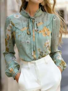 Áo kiểu nữ thanh lịch tay dài in hoa, cổ buộc dây và cổ bèo nhún, chất liệu vải dệt, cài nút, thích hợp cho kỳ nghỉ xuân. - màu xanh nhạt - Xem 5