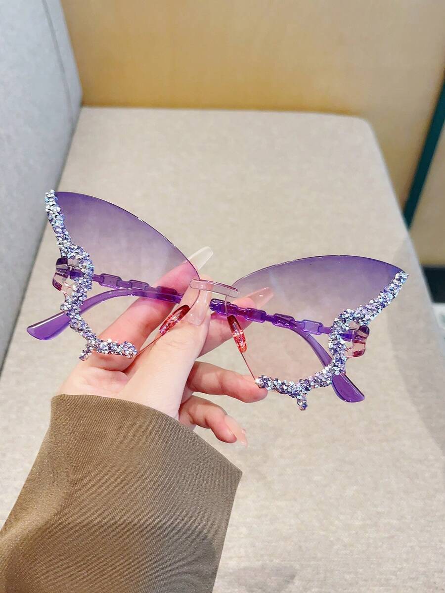 ROMWE Grunge Punk 1pc Rhinestone Butterfly Fashion Glasses, Fashion Bling Bling Fashion Glasses For Women, Everyday Use - Color Frame Color - View 1