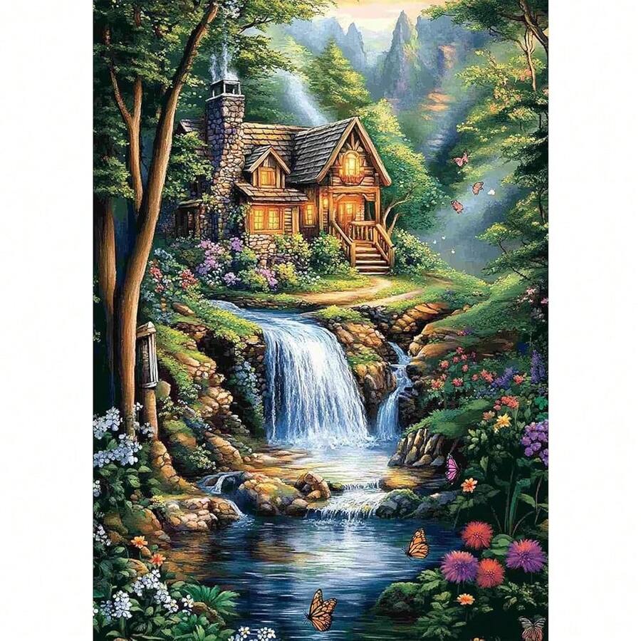 GHHKUD Diamond Painting Kits Landscape For Adults, DIY 5D House Diamond Painting, Full Drill Waterfall Diamond Art Kits Art Pictures For Relaxation Gifts Home Wall Decor 30x40cm - Waterfall - 查看 1