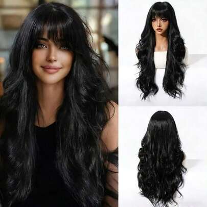 26 Inch Black Curly Wig With Bangs For Women - Soft Heat Resistant Synthetic Hair - Suitable For Daily Wear, Parties, Halloween And Cosplay