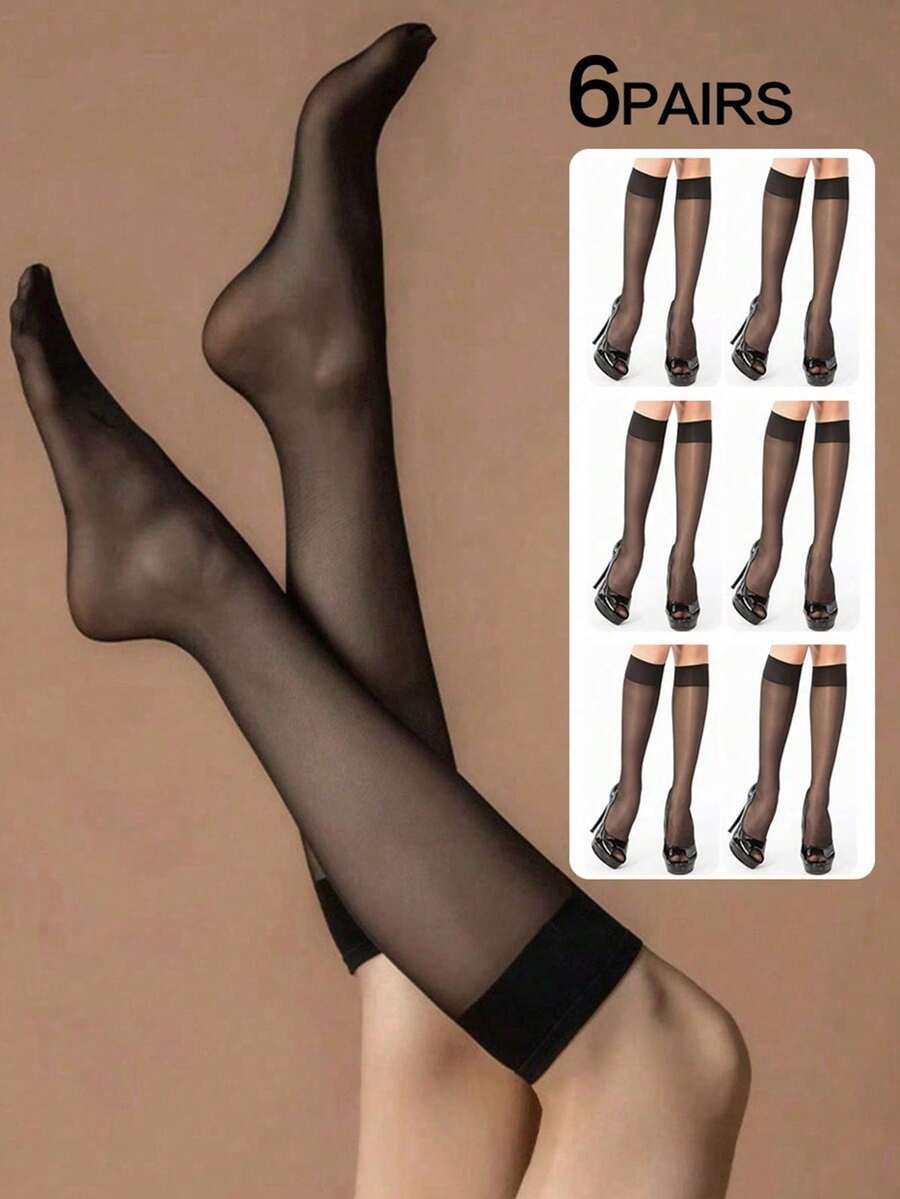 6 paia di calze sottili da donna al ginocchio, calze versatili a metà polpaccio nere, calze alla coscia stile scolastico convenienti - nero - Visualizzare 1