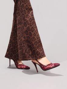 时尚蕾丝刺绣高跟鞋，性感尖头晚宴派对鞋，超高跟踝带凉鞋，酒红色细高跟女鞋 - 酒紅色 - 查看 8