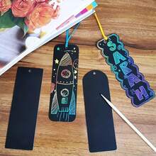 24/48件装魔法彩色刮刮书签制作手工套装，DIY彩虹刮刮纸书签，含刮刮工具和丝带，适合儿童、学生、派对礼物、课堂活动 - 黑色 - 查看 5