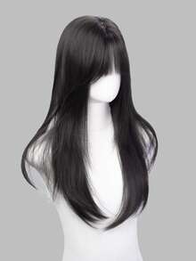 1顶合成耐热假发，黑棕色长直发带刘海，26英尺长，纤维材质，适合日常佩戴，仿真度高。 - Black-brown - 查看 6